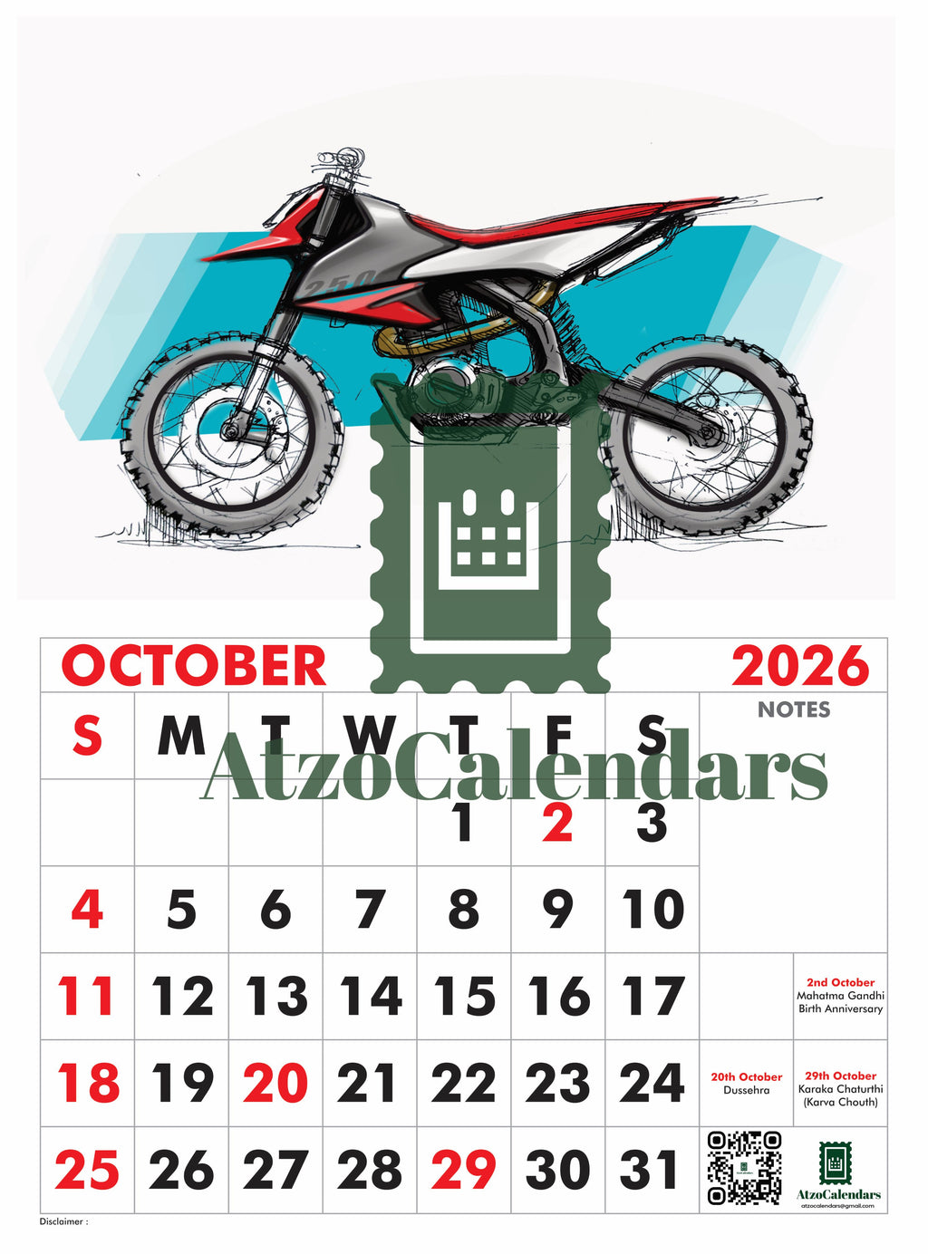 Unique Bike Design Themed - 2026 Wall Calendar - PDF Download