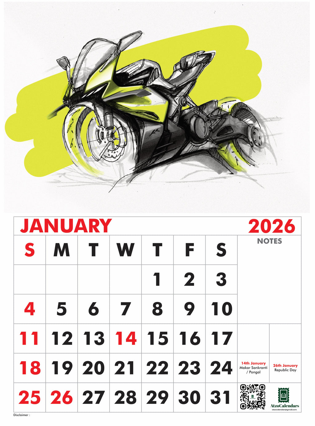 Unique Bike Design Themed - 2026 Wall Calendar - PDF Download