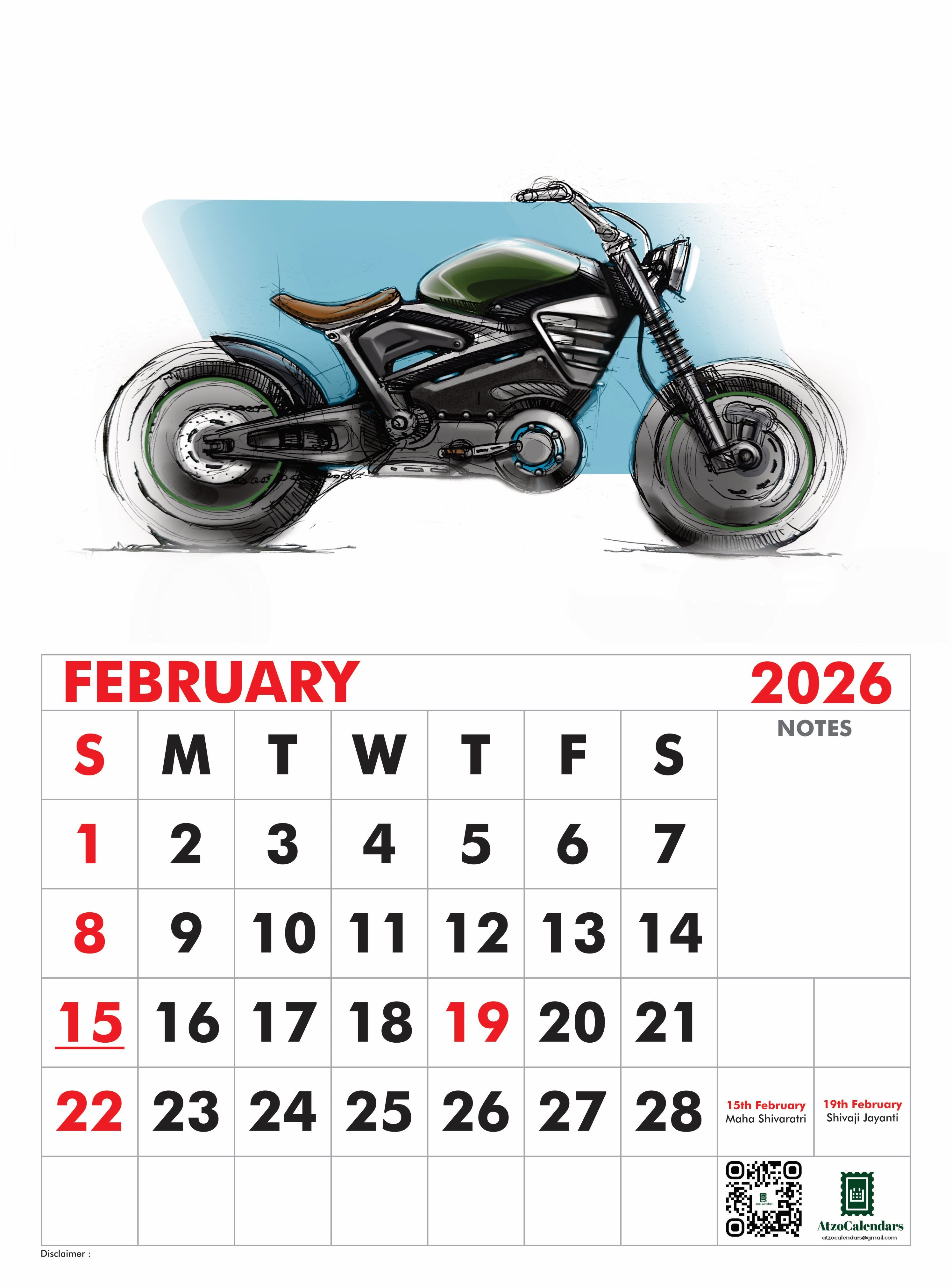 Unique Bike Design Themed - 2026 Wall Calendar - PDF Download