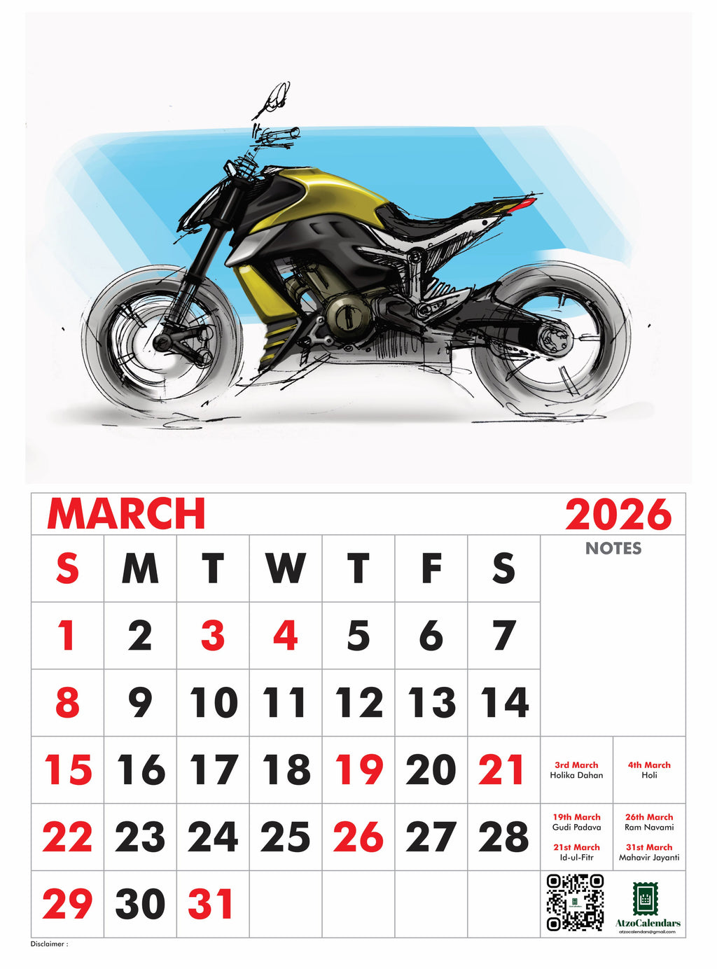 Unique Bike Design Themed - 2026 Wall Calendar - PDF Download