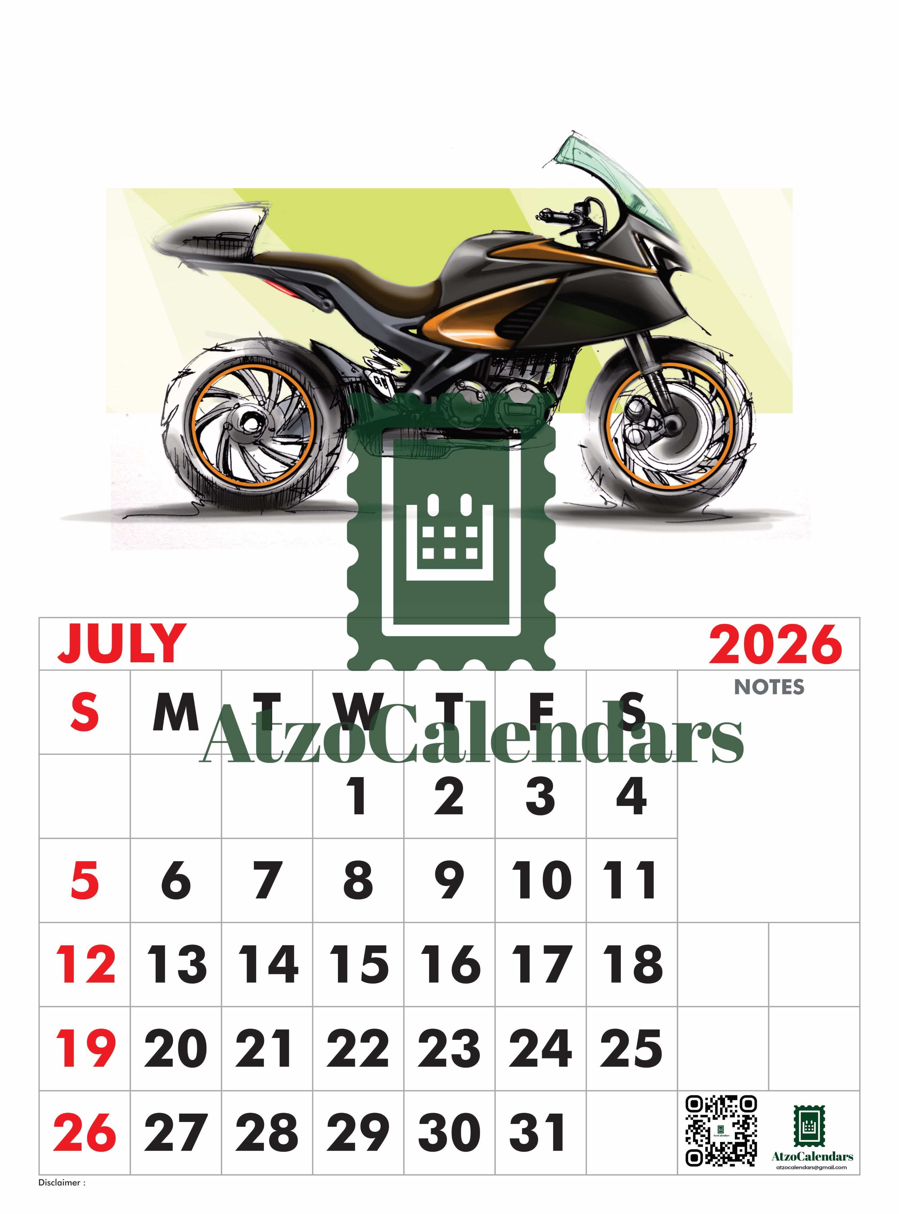 Unique Bike Design Themed - 2026 Wall Calendar - PDF Download