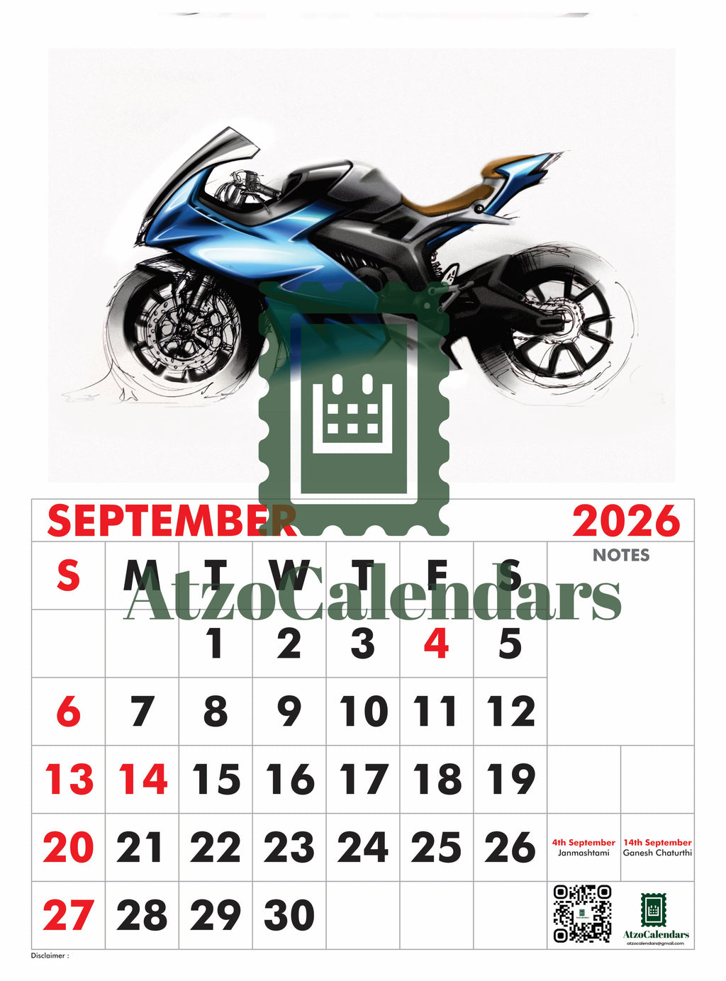 Unique Bike Design Themed - 2026 Wall Calendar - PDF Download