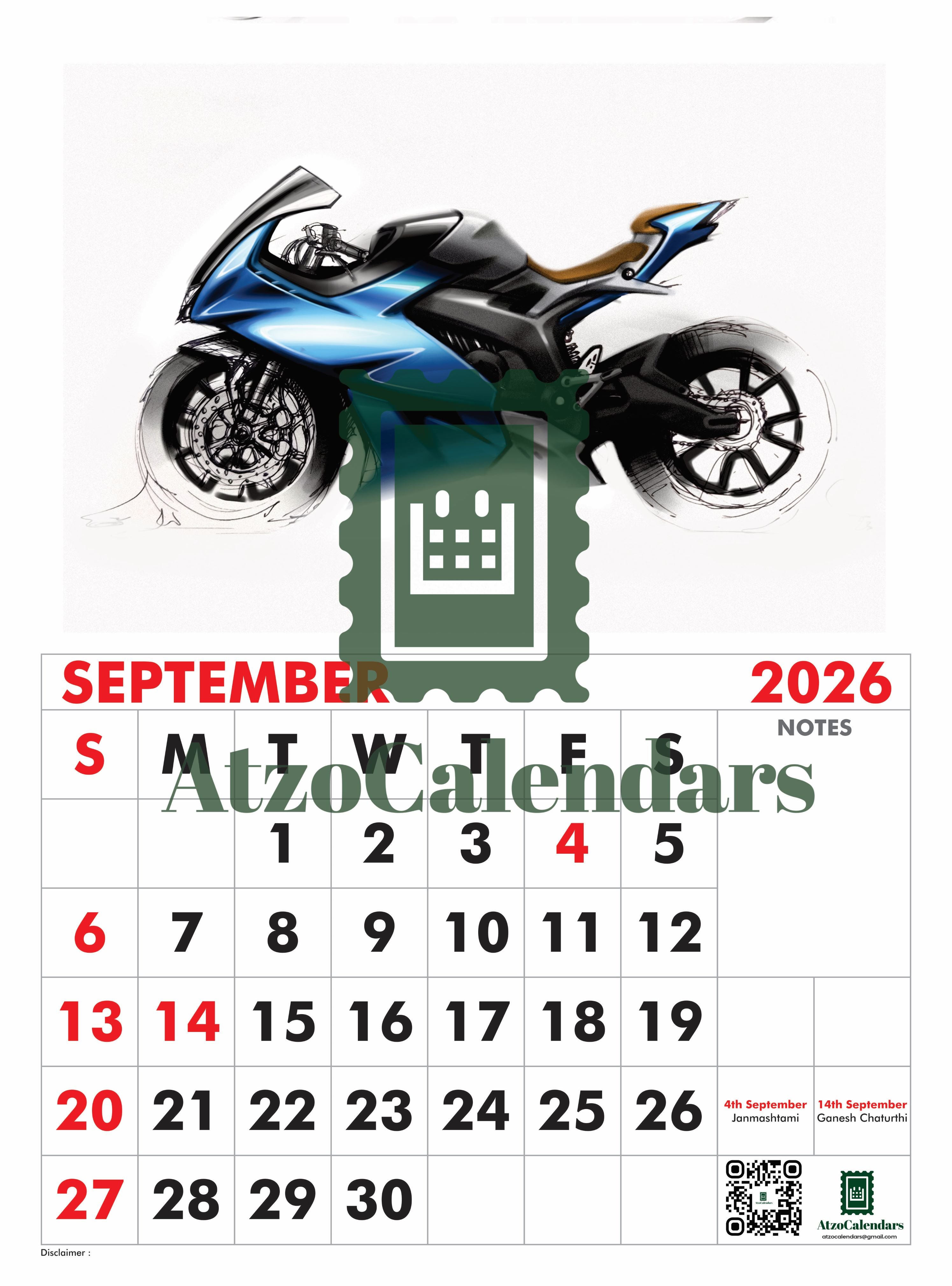 Unique Bike Design Themed - 2026 Wall Calendar - PDF Download